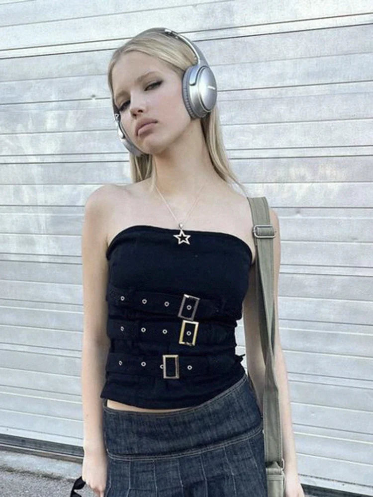 Y2K Bandage Buckle Corset Black Punk Grunge Gothic Retro Streetwear Crop Top