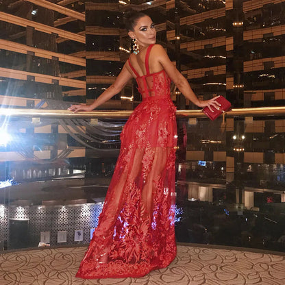 Red Color Celebrity Fashion Sleeveless Sexy Backless Lace Long Dress Christmas Party Dress