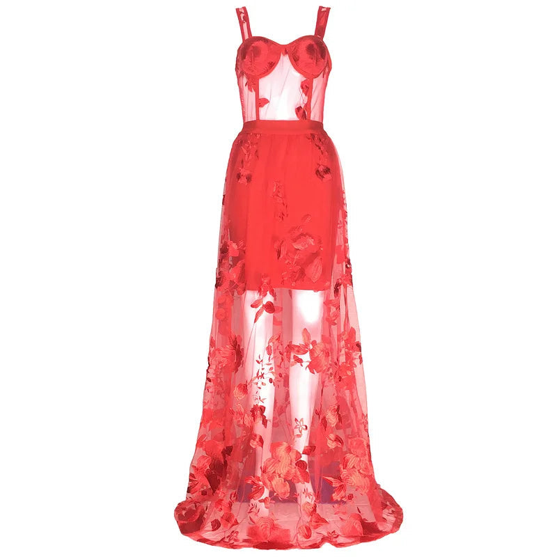 Red Color Celebrity Fashion Sleeveless Sexy Backless Lace Long Dress Christmas Party Dress