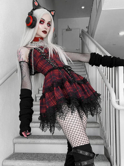 Red Plaid Street Goth Fairy Grunge Y2K Pleated Lace-up Tube Lolita Partywear Eyelet Corset Dress