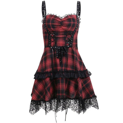 Red Plaid Street Goth Fairy Grunge Y2K Pleated Lace-up Tube Lolita Partywear Eyelet Corset Dress