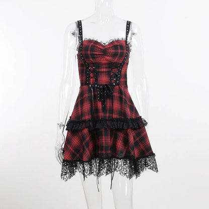 Red Plaid Street Goth Fairy Grunge Y2K Pleated Lace-up Tube Lolita Partywear Eyelet Corset Dress