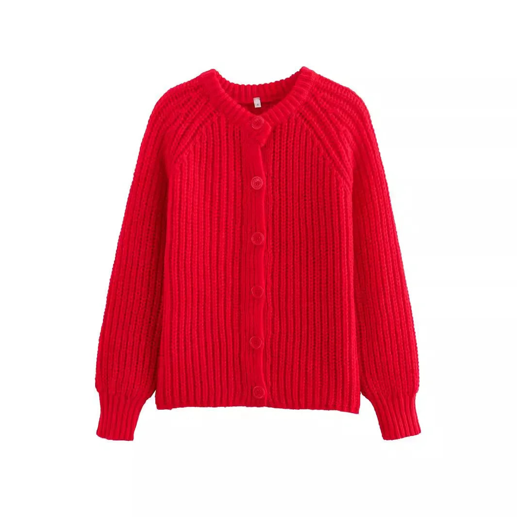 Short Cardigan with Round Neck Long Sleeve Fashionable Red Christmas Sweater