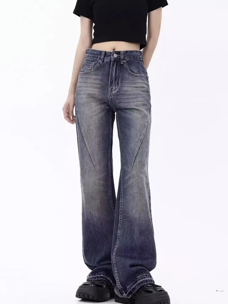 Retro Blue Slim Fit Micro Flare Spring And Autumn Loose Spliced Lines Drop Feel Trendy Jean