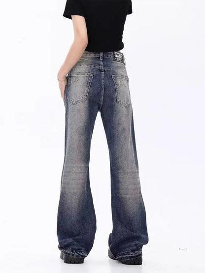 Retro Blue Slim Fit Micro Flare Spring And Autumn Loose Spliced Lines Drop Feel Trendy Jean