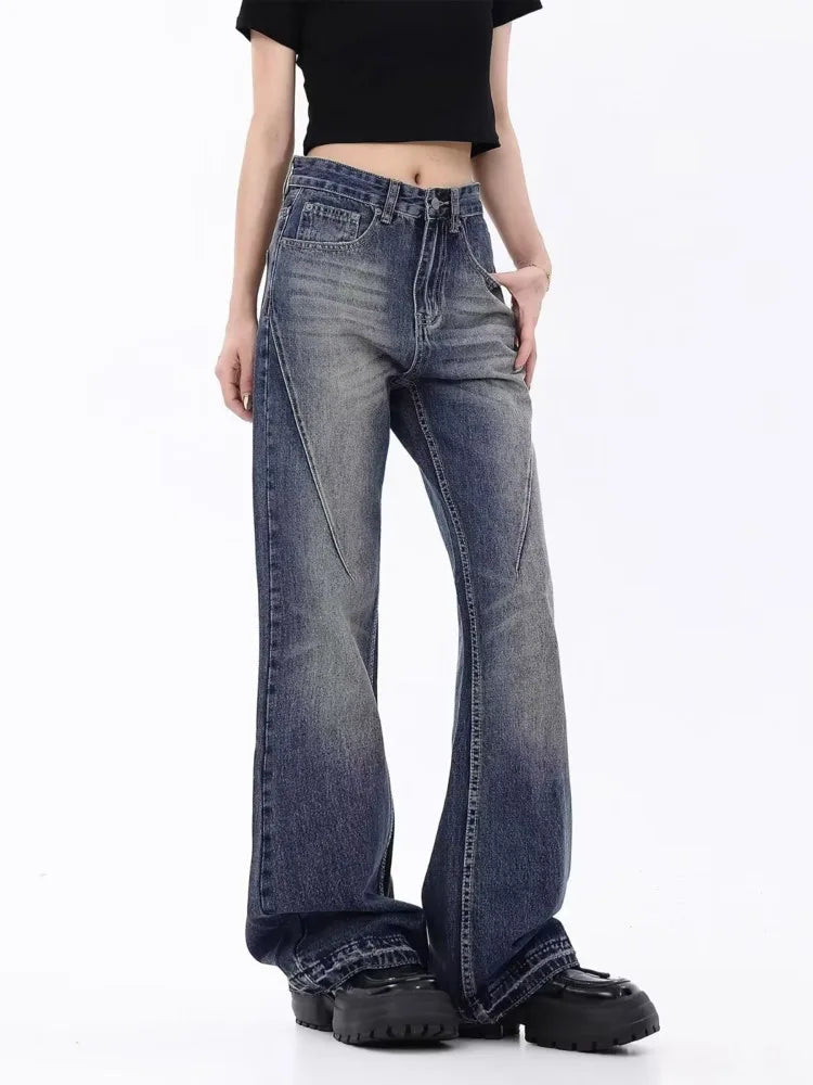 Retro Blue Slim Fit Micro Flare Spring And Autumn Loose Spliced Lines Drop Feel Trendy Jean