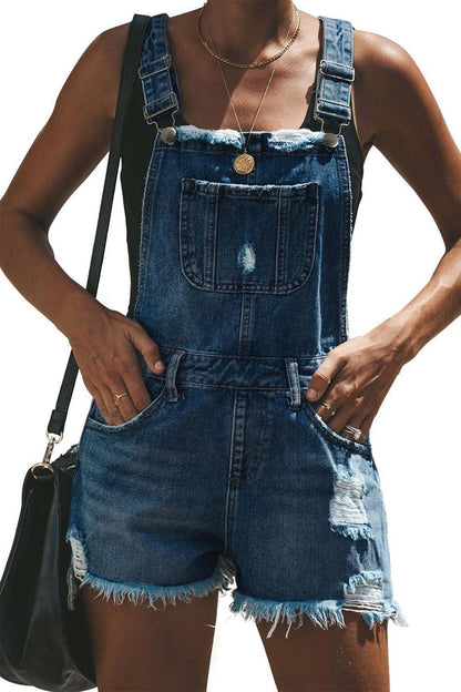 Ripped Denim Shortalls with Crochet Trim