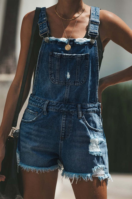 Ripped Denim Shortalls with Crochet Trim