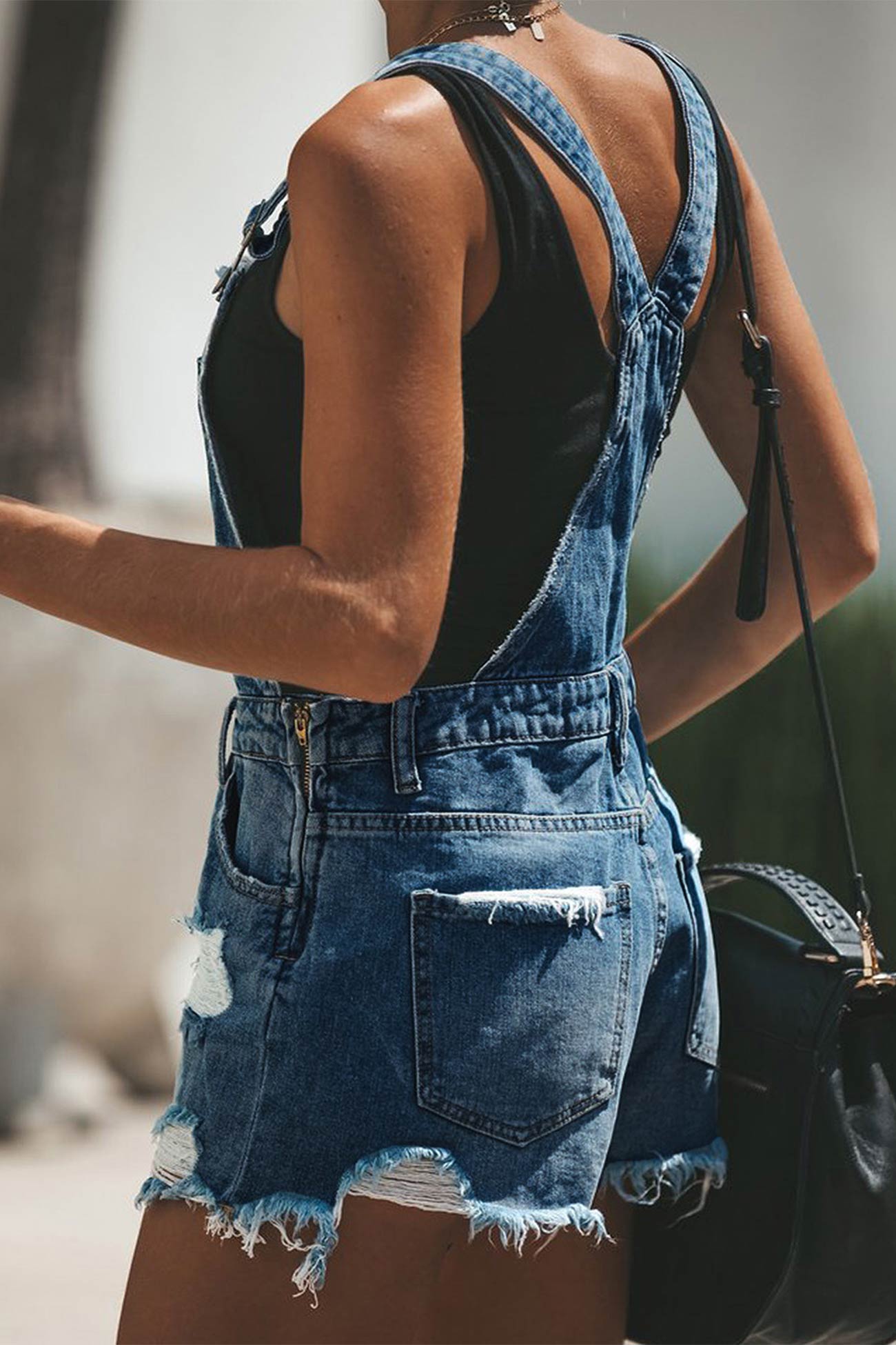 Ripped Denim Shortalls with Crochet Trim