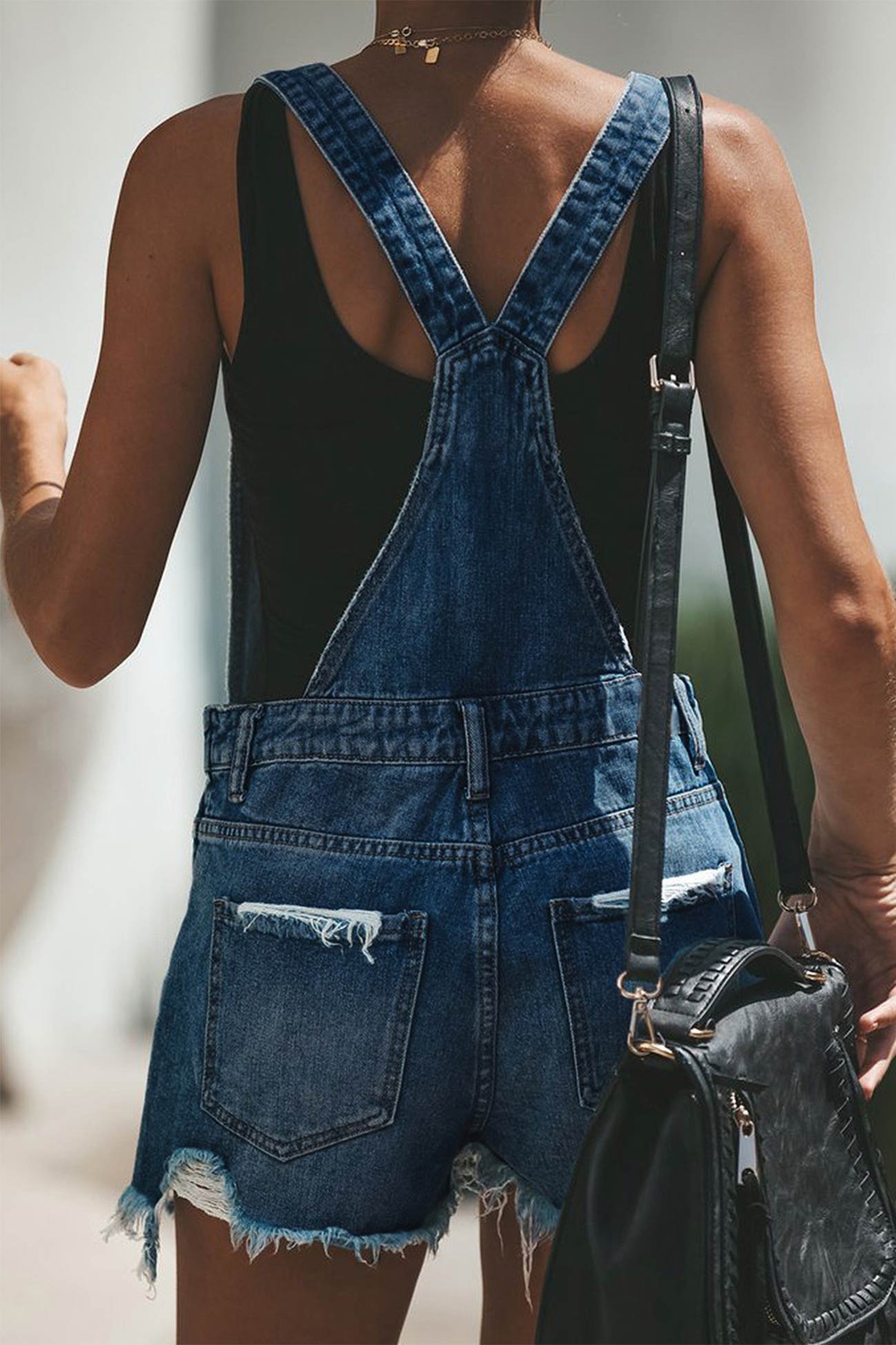 Ripped Denim Shortalls with Crochet Trim