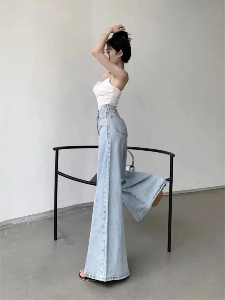 Slimming Vintage Flared Loose Fitting High-Waisted Denim Mop Floor Length Jean