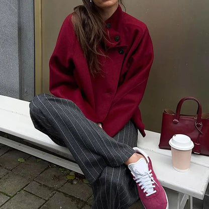 Retro Wine Red Casual Coat