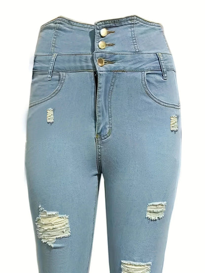 Ripped Holes Casual Skinny Autumn Slash Pockets Distressed Single-Breasted Button High Waist Denim Jean