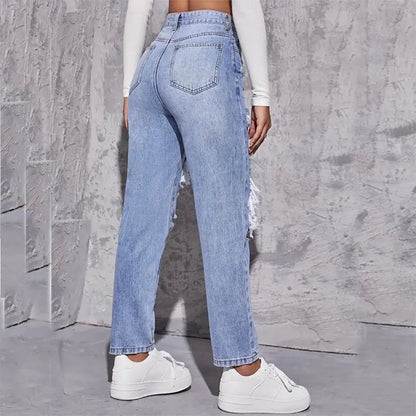 Ripped Straight Leg Women High Waist Loose Holes Casual High Streetwear Fashion Denim Jean