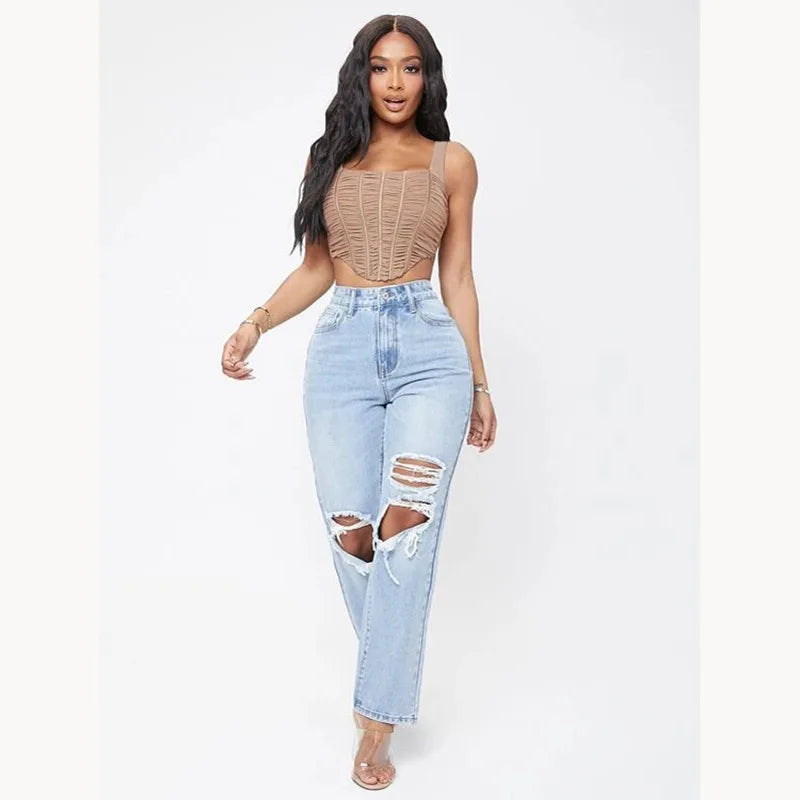 Ripped Women's Casual Fashion High Waist Straight Leg Loose Denim Ladies Streetwear Jean