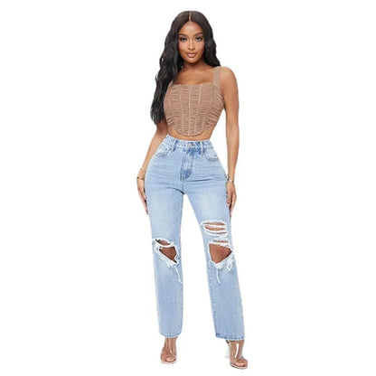 Ripped Women's Casual Fashion High Waist Straight Leg Loose Denim Ladies Streetwear Jean