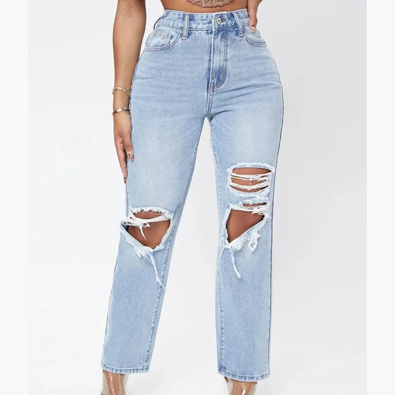 Ripped Women's Casual Fashion High Waist Straight Leg Loose Denim Ladies Streetwear Jean