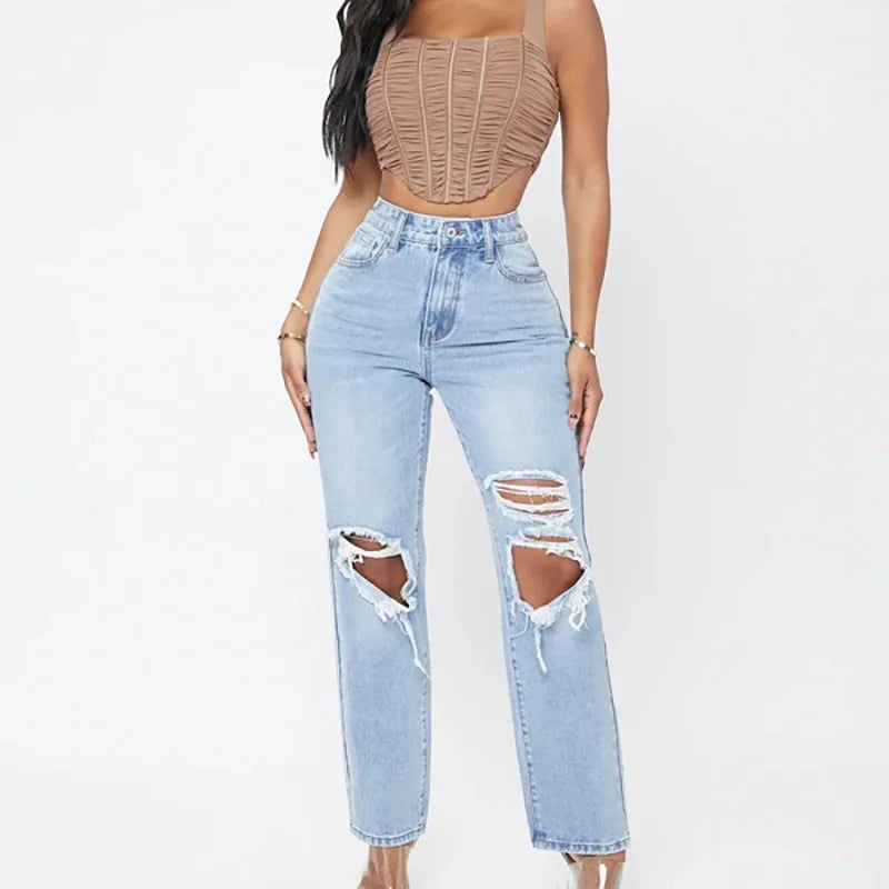 Ripped Women's Casual Fashion High Waist Straight Leg Loose Denim Ladies Streetwear Jean