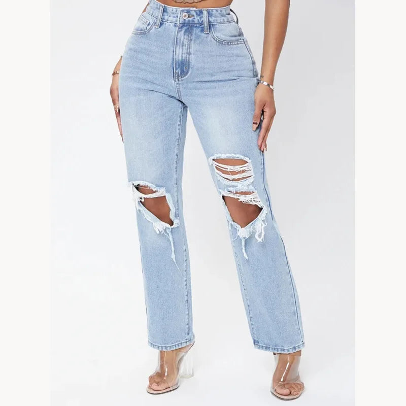 Ripped Women's Casual Fashion High Waist Straight Leg Loose Denim Ladies Streetwear Jean