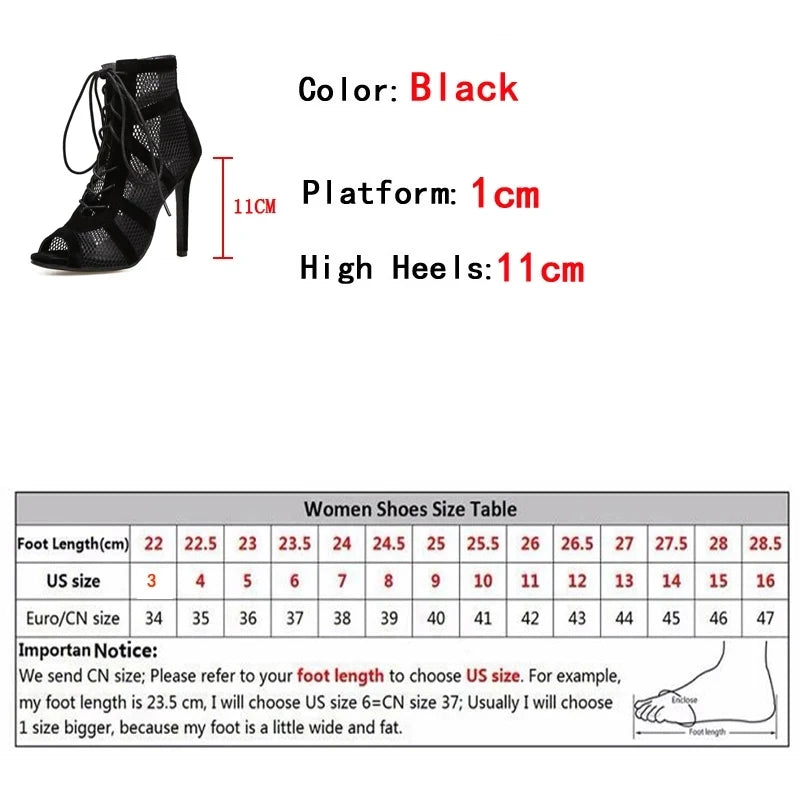 Roma Style Mesh Hollow Out Ankle Boots Sandals Women Peep Toe Lace Up Cross-tie Strap High Heels Dance Shoes