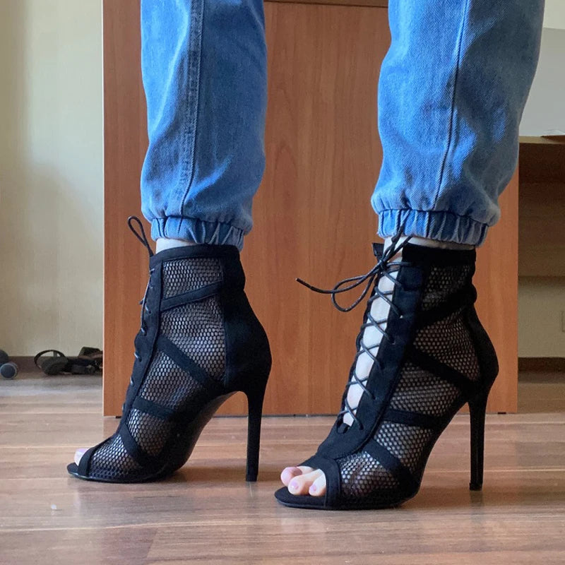 Roma Style Mesh Hollow Out Ankle Boots Sandals Women Peep Toe Lace Up Cross-tie Strap High Heels Dance Shoes