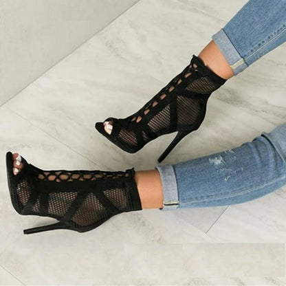 Roma Style Mesh Hollow Out Ankle Boots Sandals Women Peep Toe Lace Up Cross-tie Strap High Heels Dance Shoes