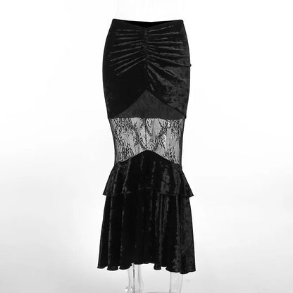 Black Fairy Grunge Women Gothic Velvet Lace Stitching Fall Sexy Fishtail Skirt