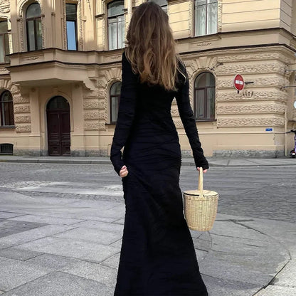 Ruffles Frill Round Neck Long Sleeve Maxi Dress