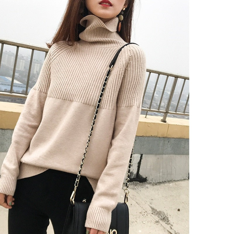 Sweater New Autumn/Winter Solid Neckline 2024 Color Winter Loose Blouse Pullover Ladies High Jumpers