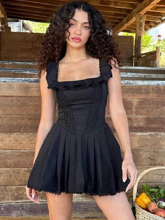 Black Corset Square Neck Graceful Frill Strap Mini Dress