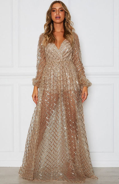 Sexy Gold Sequins Tulle Halter Maxi Dress