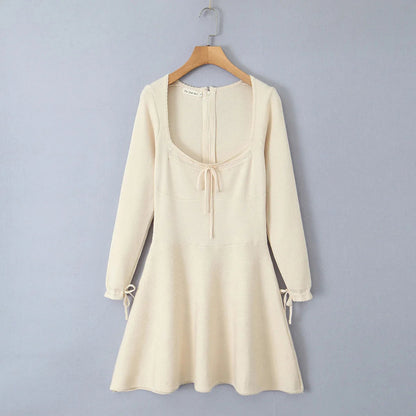 Ribbed Square Neck Long Graceful Sleeve Ribbion Mini Dress