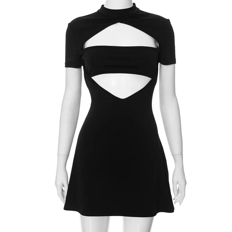 Black Front Hollow Charming Out Mini Dress