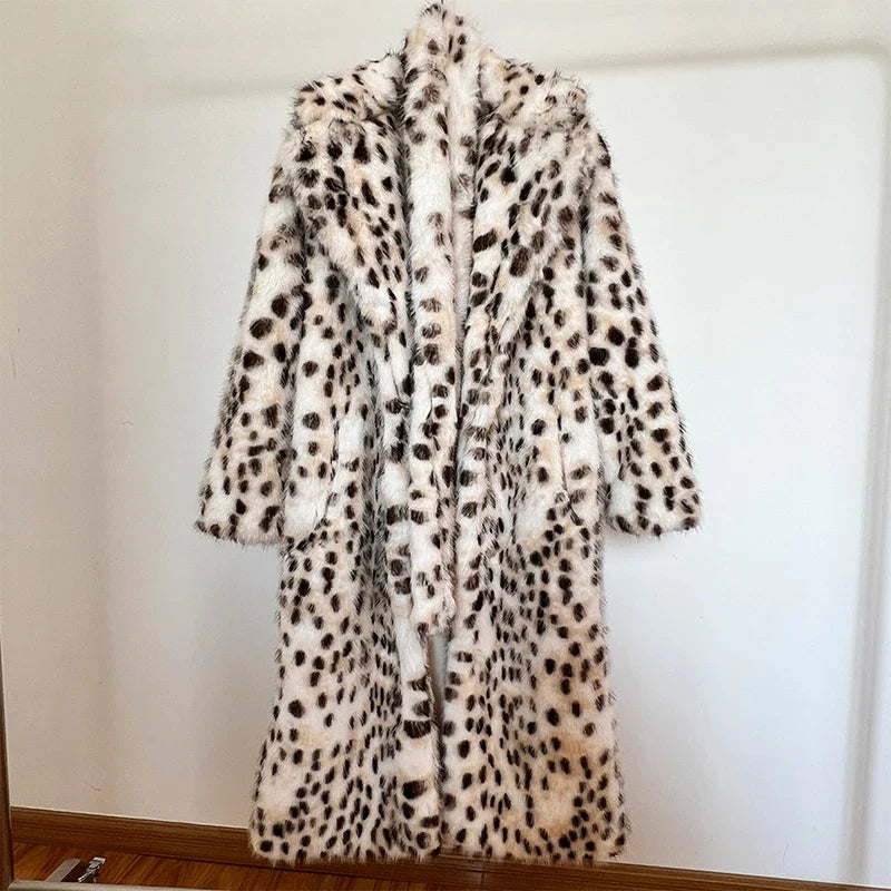 Long Belted Leopard Charming Faux Fur Coat