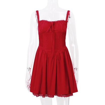 Red Corset Strap Charming Frill Mini Dress