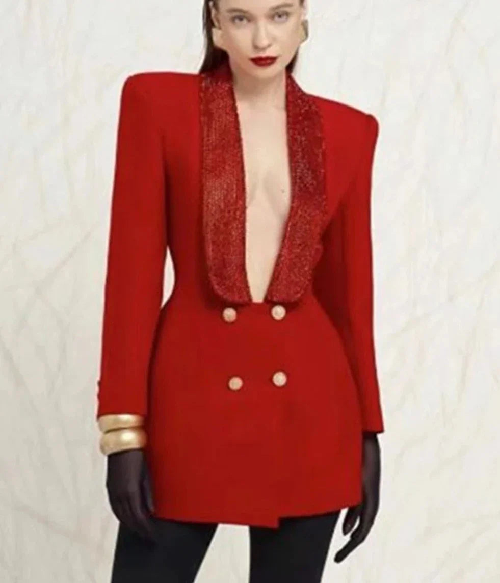 Red Sequin Collar Charming Open Back Blazer Dress