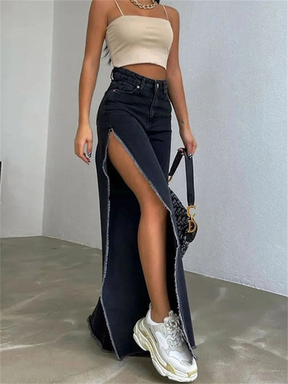 Warm-Season Y2K Cargo Split Black Long Leg Waisted Side Out Wide Pants Loose Women's High Streetwear Casual Baggy Jeans