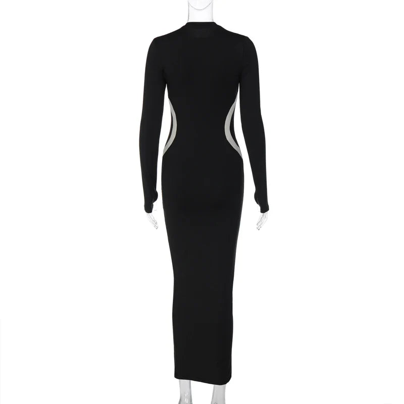 Black Long Sleeve Charming Contrast Strap Maxi Dress