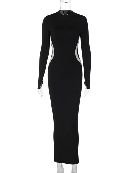 Black Long Sleeve Charming Contrast Strap Maxi Dress