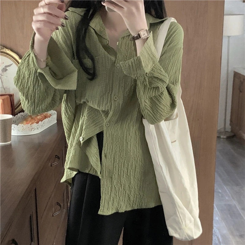 Long Blouses Vintage Harajuku Green Shirts Folded Women Korean White Basic Fashion Oversized Sunscreen Arm Cardigan