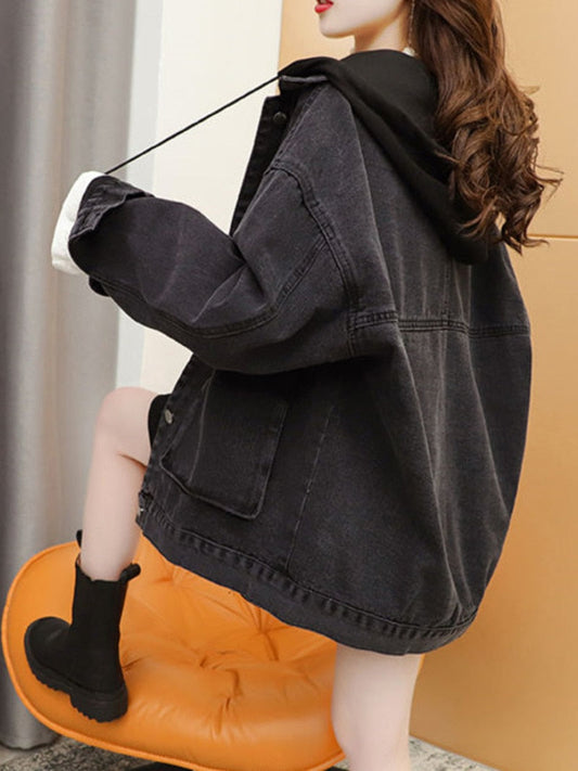 with - Hood Casual - Denim Spring Korean Fashion Black Women's Jacket Patchwork Streetwear Style