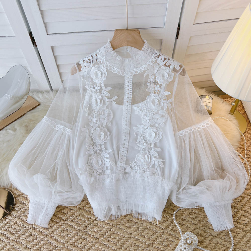 3D Blouse Top Lace Mesh Shirts Spring Lantern Elegant Arm Blusas Women Sheer Flowered Femininas