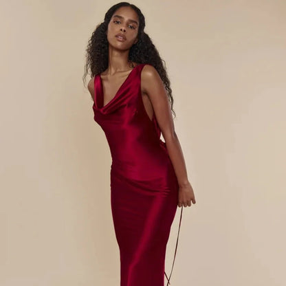 Satin Backless Tie Charming Up Maxi Dress