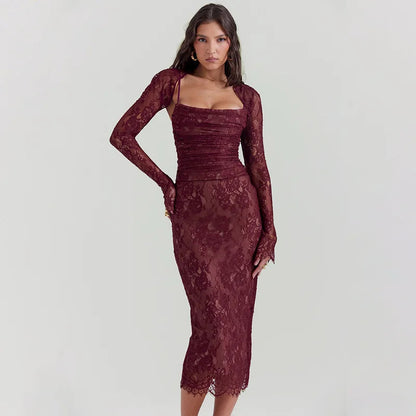 Red Lace Bodycon Charming Long Sleeve Midi Dress