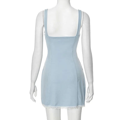 Blue Square Neck Charming Strap Mini Dress