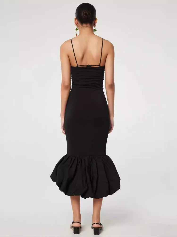 Black Spaghetti Strap Bodycon Graceful Baloon Fishtail Midi Dress