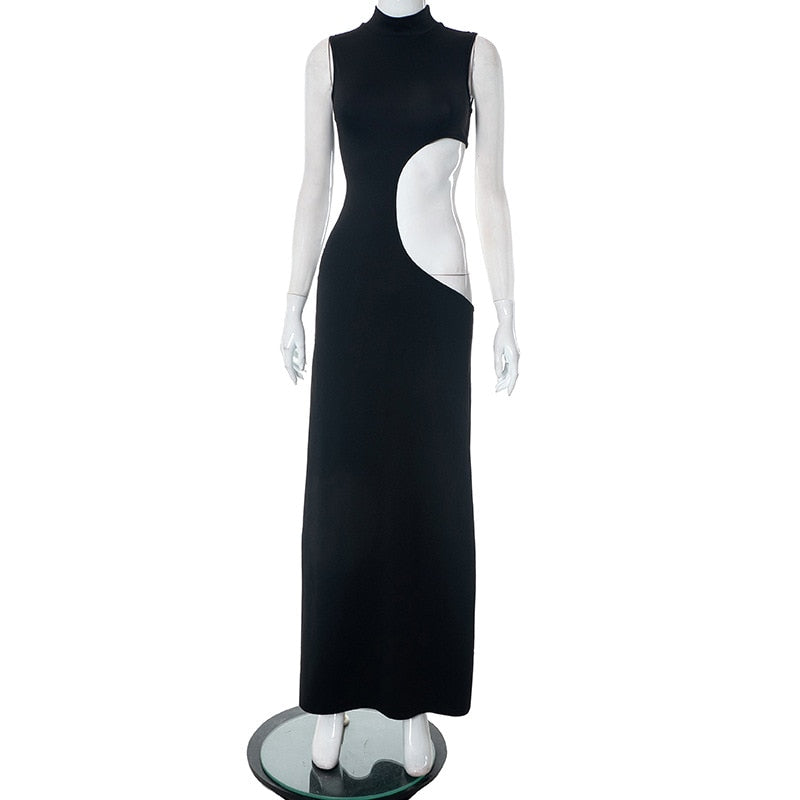 Black Mock Neck Tank Graceful Side Cut Out Maxi Dress