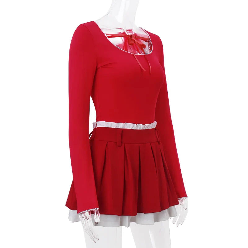 Red Long Sleeve Top Graceful And Pleated Mini Skirt Set