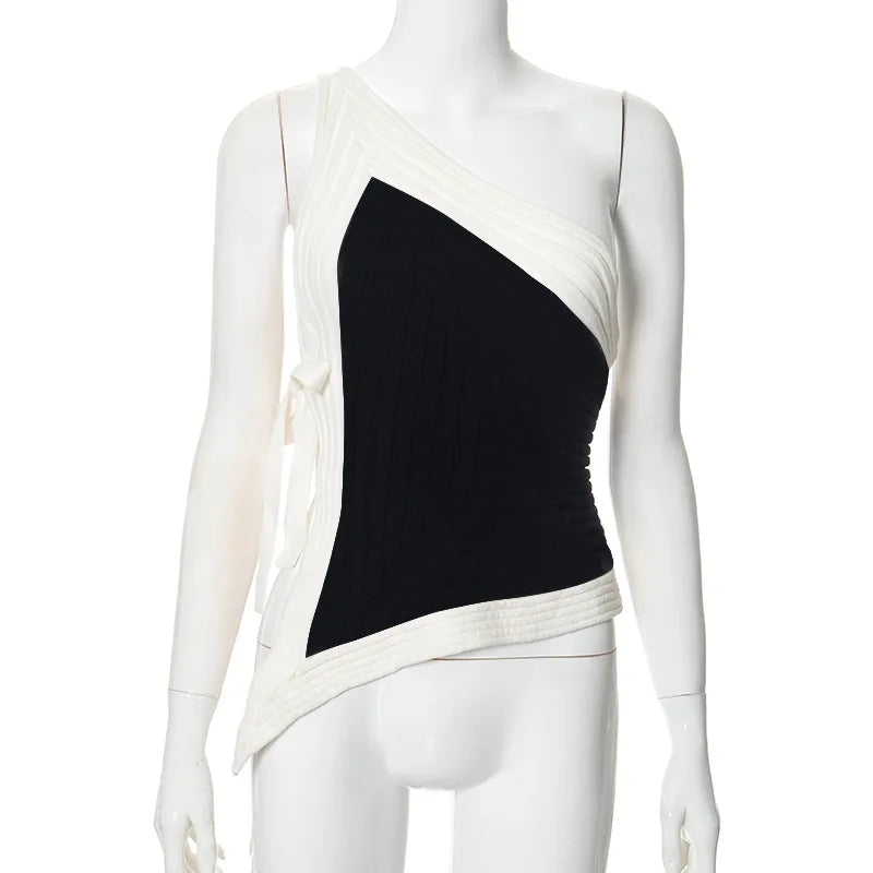 Black and White Colorblock Graceful Asymmetrical One Shoulder Top