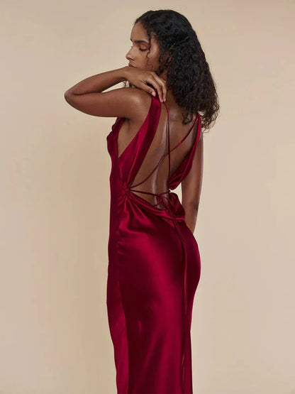 Satin Backless Tie Charming Up Maxi Dress